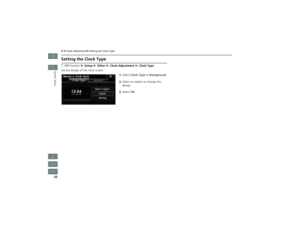 Setting the clock type, 2 setting the clock type p. 48 | HONDA 2012 Civic Navigation User Manual | Page 49 / 204