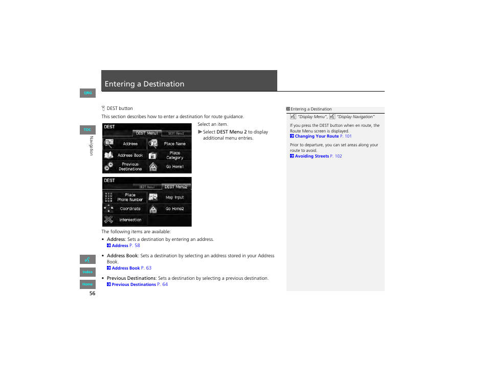 P56), Entering a destination | HONDA 2012 Civic Navigation User Manual | Page 57 / 204
