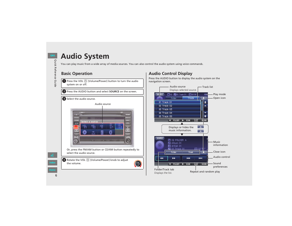 Audio system, Basic operation, Audio control display | HONDA 2012 Civic Navigation User Manual | Page 7 / 204