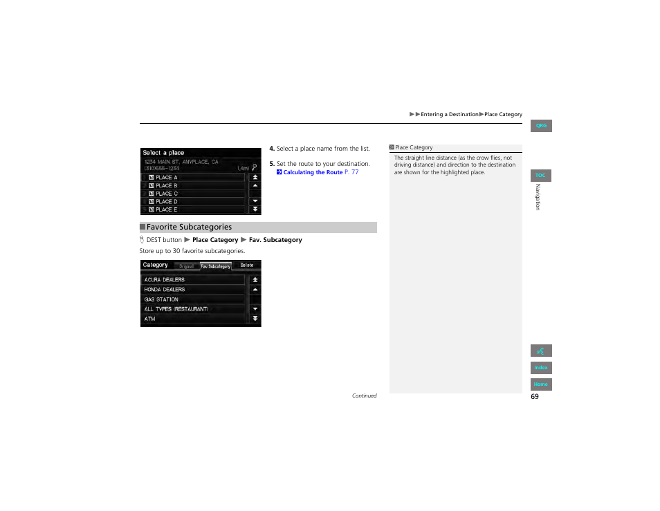 Favorite subcategories | HONDA 2012 Civic Navigation User Manual | Page 70 / 204