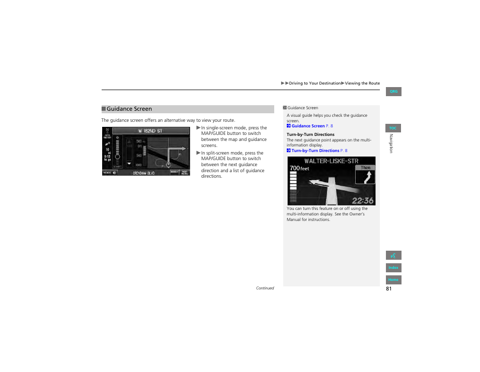 Guidance screen | HONDA 2012 Civic Navigation User Manual | Page 82 / 204