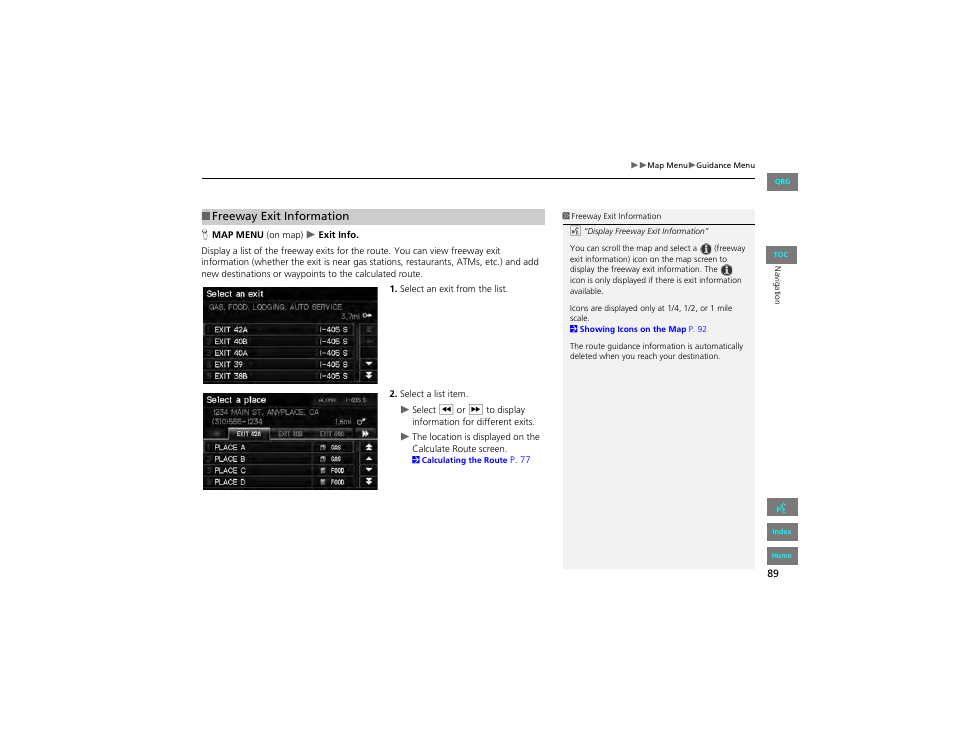 Freeway exit information, 2 freeway exit information, P. 89 | HONDA 2012 Civic Navigation User Manual | Page 90 / 204