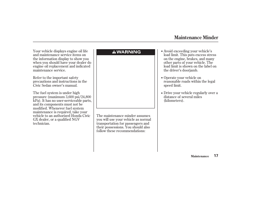 Maintenance minder | HONDA 2010 Civic GX User Manual | Page 19 / 36