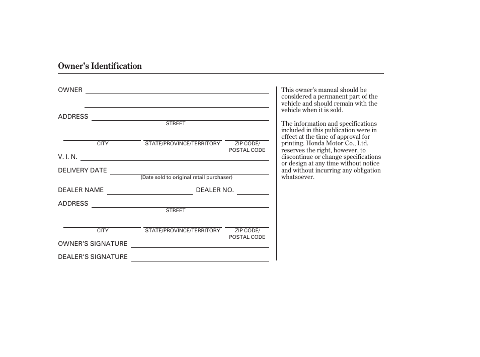 Owner’s identification | HONDA 2010 Civic GX User Manual | Page 2 / 36