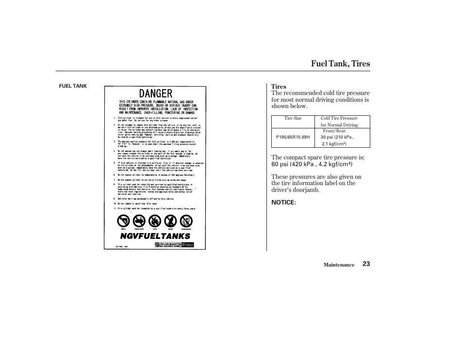 Fuel tank, tires | HONDA 2010 Civic GX User Manual | Page 25 / 36