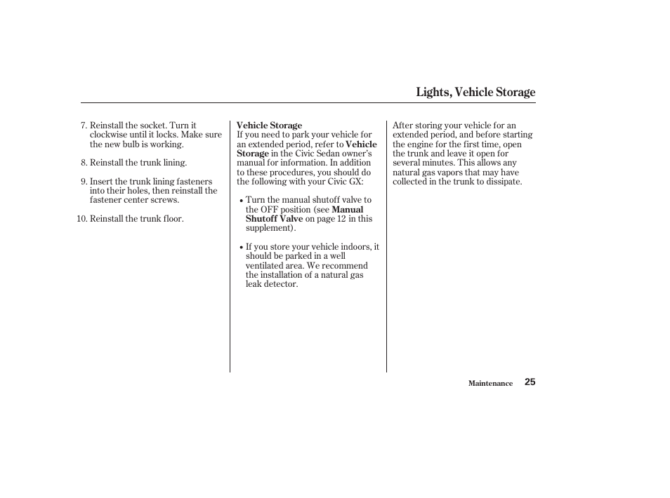 Lights, vehicle storage | HONDA 2010 Civic GX User Manual | Page 27 / 36