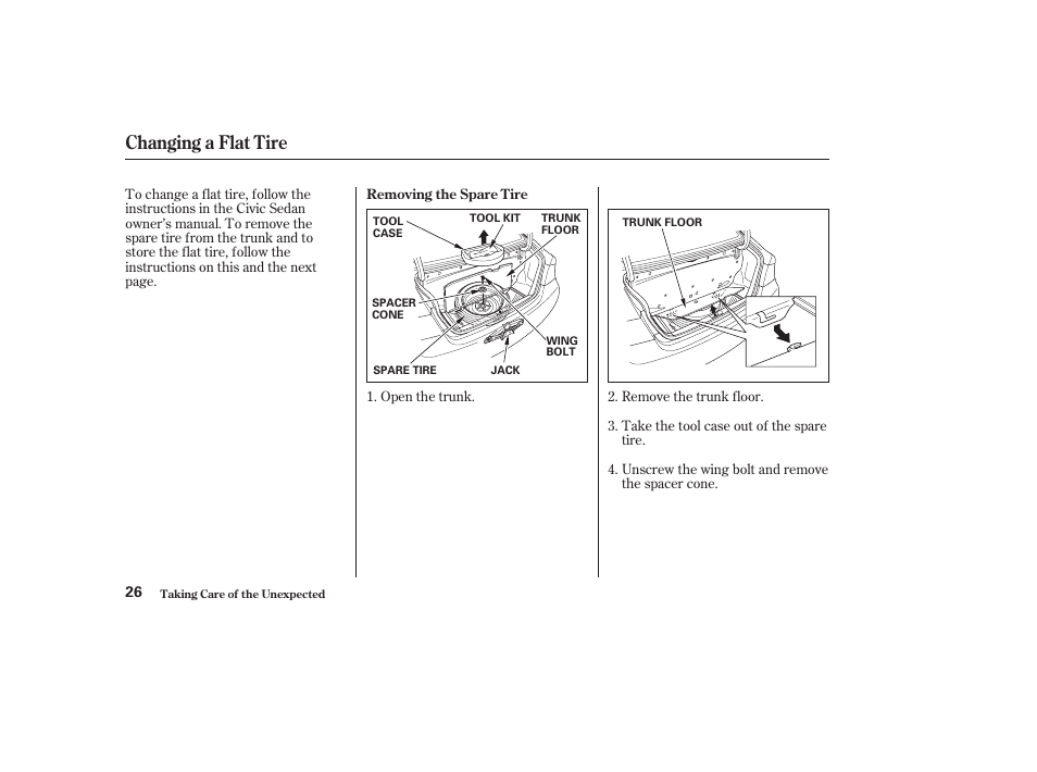 Changing a flat tire | HONDA 2010 Civic GX User Manual | Page 28 / 36