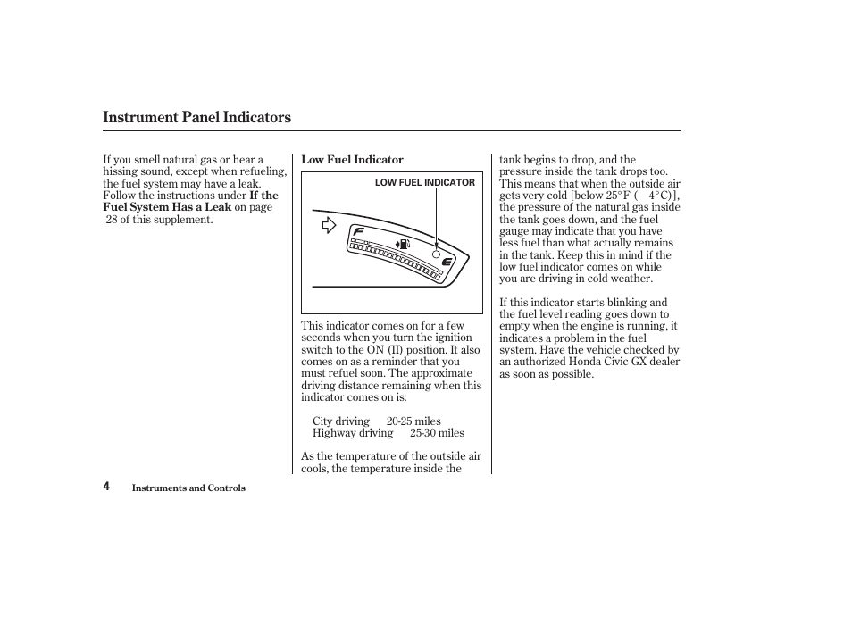 Instrument panel indicators | HONDA 2010 Civic GX User Manual | Page 6 / 36