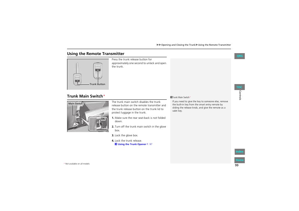 P 99, Using the remote transmitter, Trunk main switch | HONDA 2013 Accord Coupe User Manual | Page 100 / 554