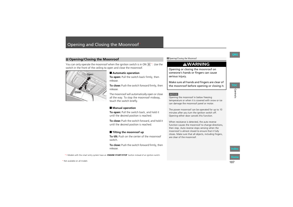 P. 107, P 107, Opening and closing the moonroof | Warning | HONDA 2013 Accord Coupe User Manual | Page 108 / 554