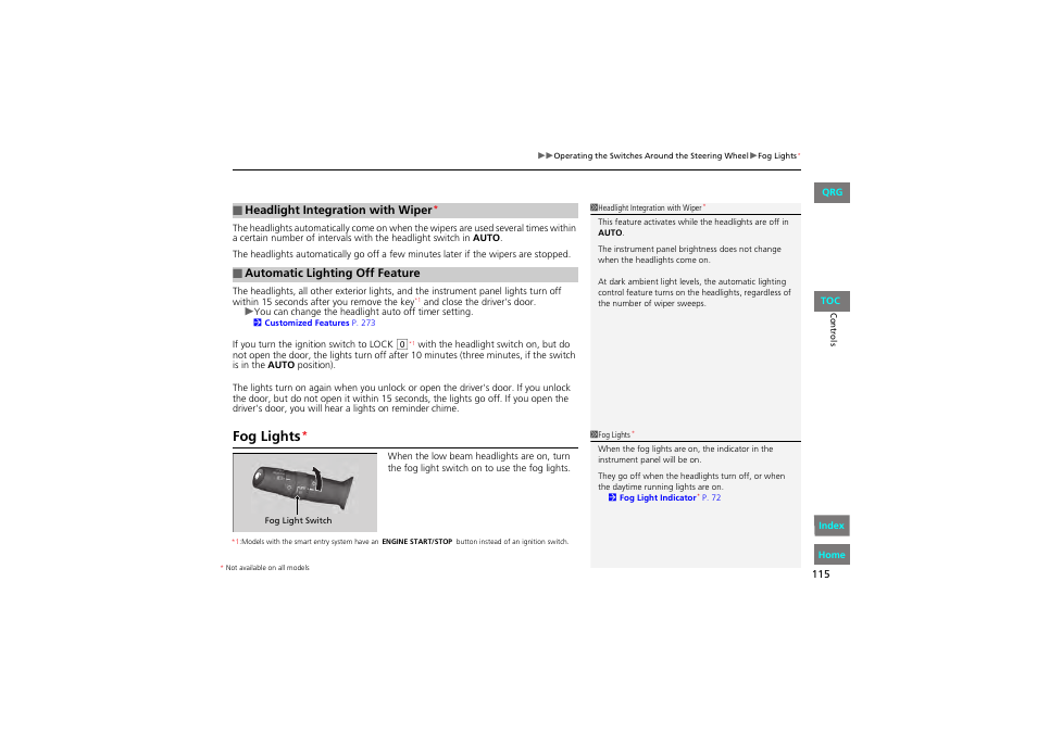 P 115), P 478, Fog lights | HONDA 2013 Accord Coupe User Manual | Page 116 / 554