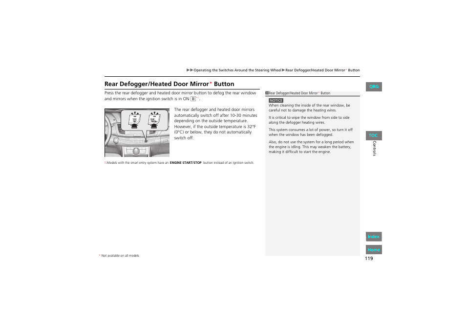 P 119), Rear defogger/heated door mirror, Button | HONDA 2013 Accord Coupe User Manual | Page 120 / 554