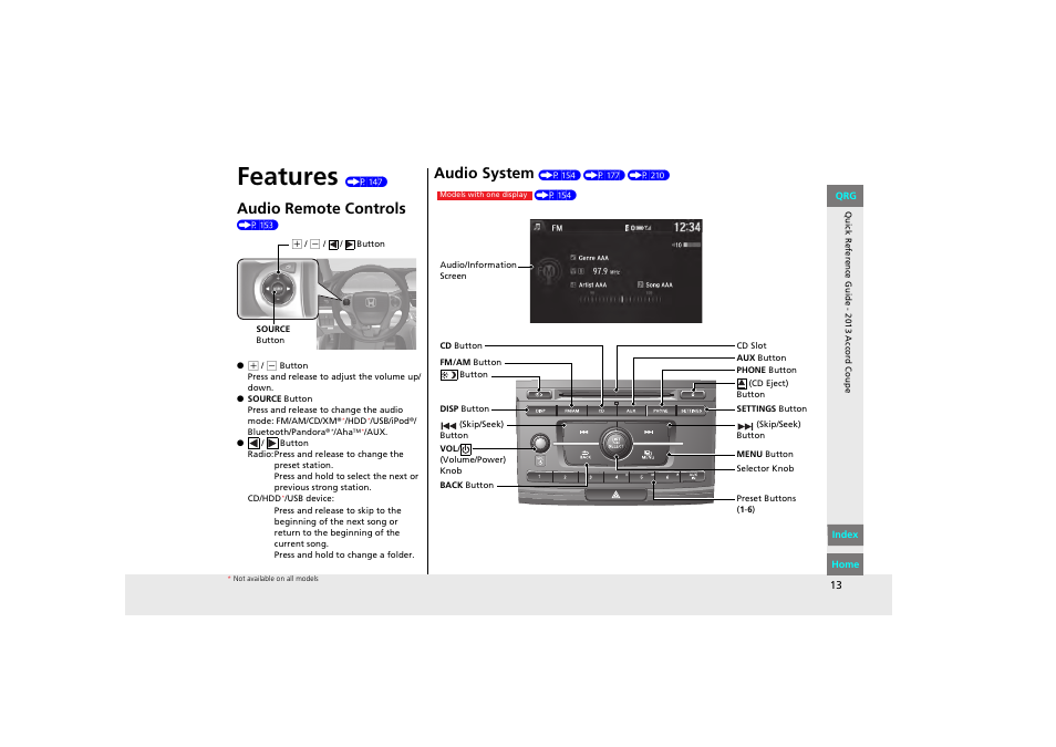 Features (p 147), Features, Audio remote controls | Audio system | HONDA 2013 Accord Coupe User Manual | Page 14 / 554