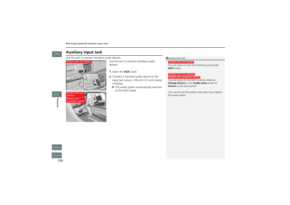 P 150), Auxiliary input jack | HONDA 2013 Accord Coupe User Manual | Page 151 / 554