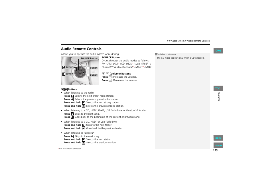 Buttons, P 153), Audio remote controls | HONDA 2013 Accord Coupe User Manual | Page 154 / 554