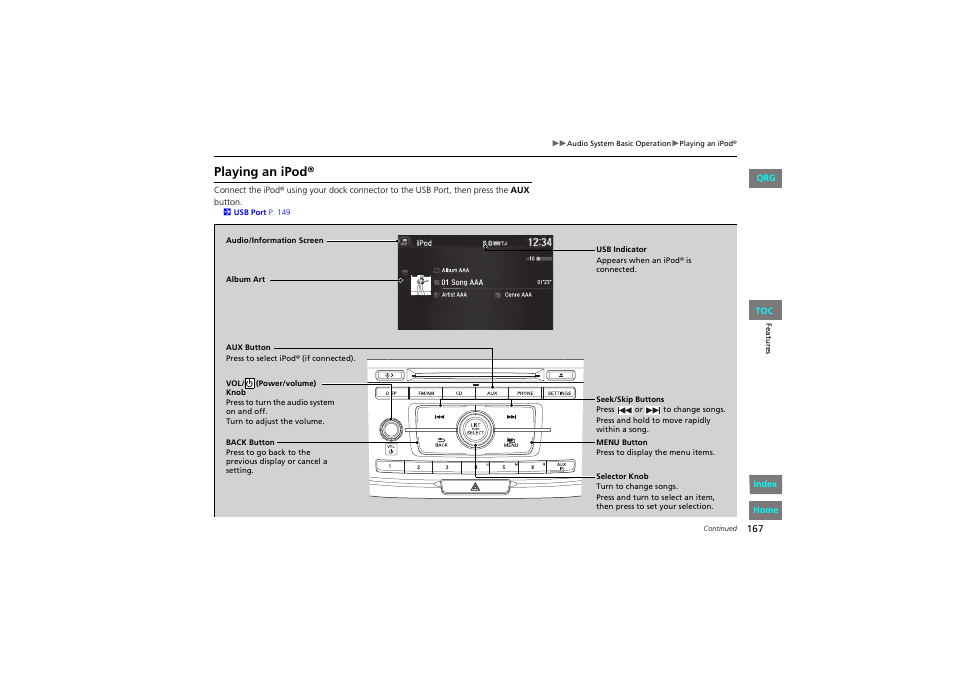 Playing an ipod | HONDA 2013 Accord Coupe User Manual | Page 168 / 554