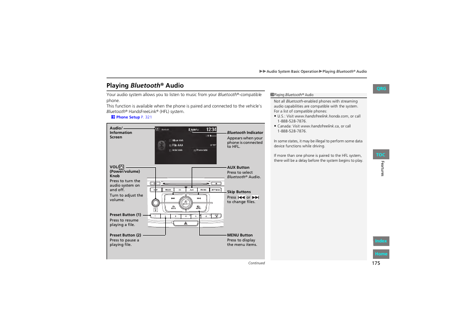 Playing bluetooth ® audio | HONDA 2013 Accord Coupe User Manual | Page 176 / 554