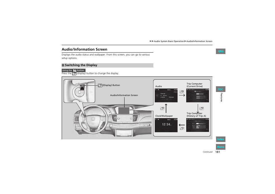 P 181), Audio/information screen | HONDA 2013 Accord Coupe User Manual | Page 182 / 554