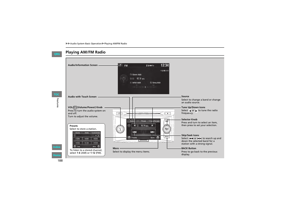 Playing am/fm radio | HONDA 2013 Accord Coupe User Manual | Page 189 / 554