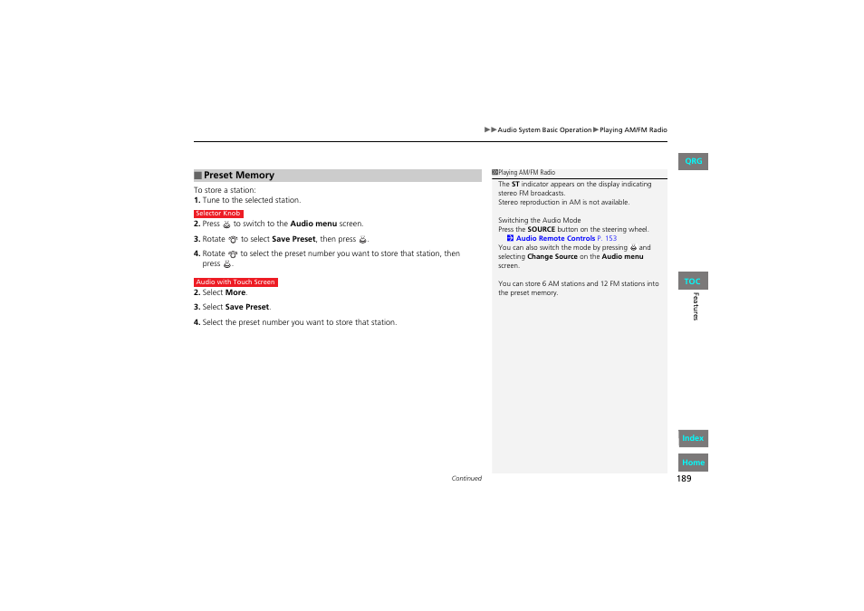 2 save preset p. 189 | HONDA 2013 Accord Coupe User Manual | Page 190 / 554