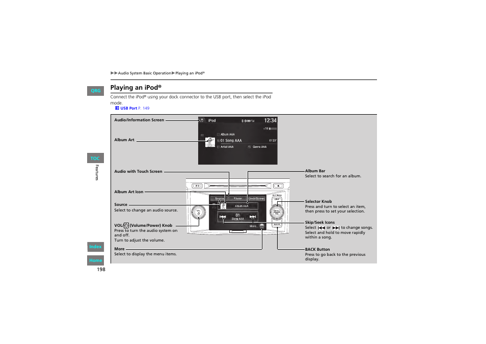 Playing an ipod | HONDA 2013 Accord Coupe User Manual | Page 199 / 554