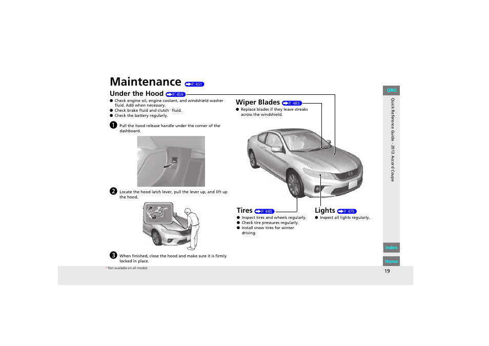 Maintenance (p 451), Maintenance, Under the hood | Lights, Wiper blades, Tires | HONDA 2013 Accord Coupe User Manual | Page 20 / 554
