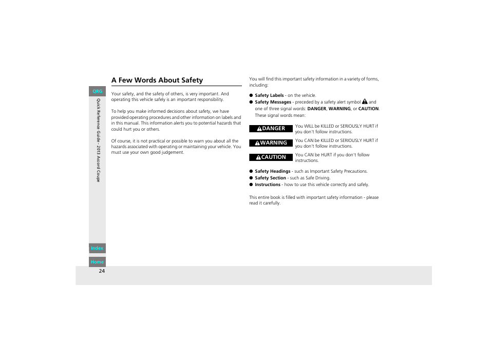 A few words about safety | HONDA 2013 Accord Coupe User Manual | Page 25 / 554
