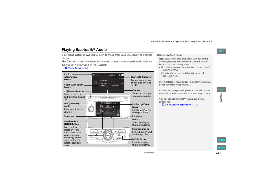 Playing bluetooth ® audio | HONDA 2013 Accord Coupe User Manual | Page 262 / 554