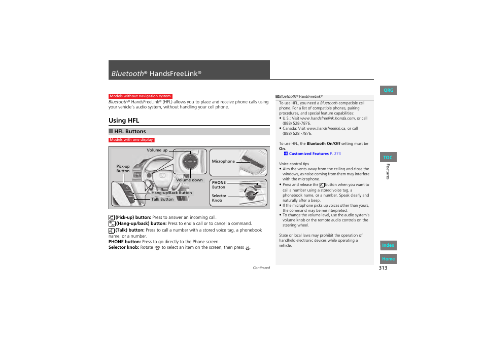 P. 313, P 313), Bluetooth ® handsfreelink | 2 bluetooth ® handsfreelink® p. 313, Using hfl | HONDA 2013 Accord Coupe User Manual | Page 314 / 554