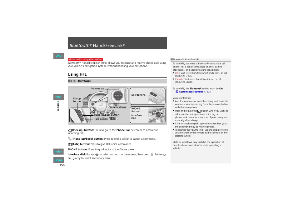 P. 350, P 350), Bluetooth ® handsfreelink | Using hfl | HONDA 2013 Accord Coupe User Manual | Page 351 / 554