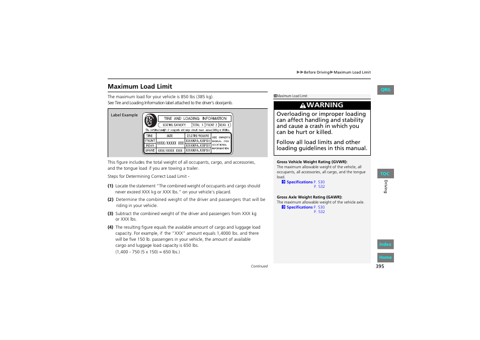 Maximum load limit, 2 maximum load limit p. 395, Warning | HONDA 2013 Accord Coupe User Manual | Page 396 / 554