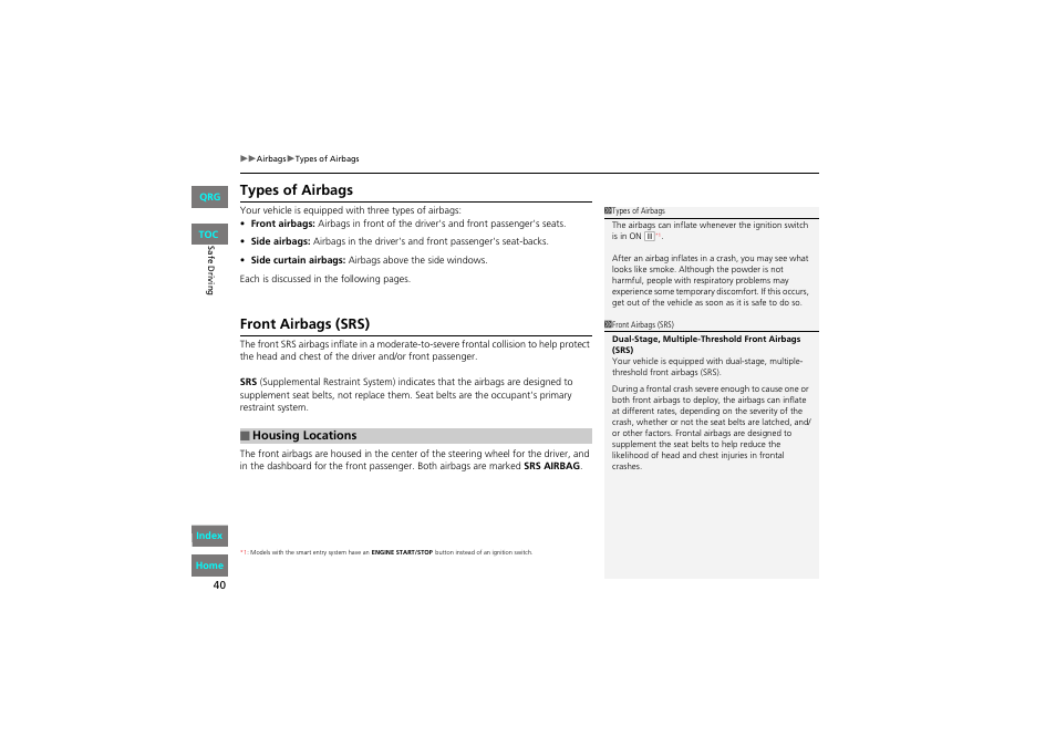 P 40, Types of airbags, Front airbags (srs) | HONDA 2013 Accord Coupe User Manual | Page 41 / 554