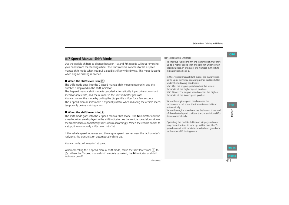 P 411, P 411), 2 7-speed manual shift mode p. 411 | HONDA 2013 Accord Coupe User Manual | Page 412 / 554