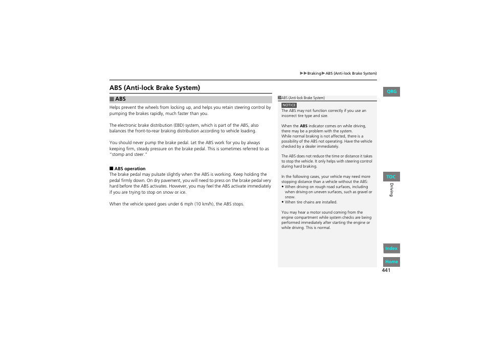 Abs (anti-lock brake system) | HONDA 2013 Accord Coupe User Manual | Page 442 / 554