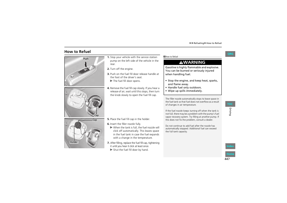 P 447, P 447), How to refuel | Warning | HONDA 2013 Accord Coupe User Manual | Page 448 / 554