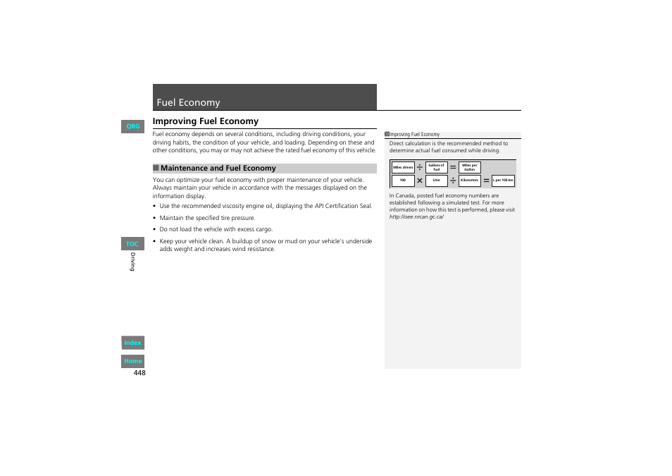 P. 448, Fuel, Economy | Improving fuel economy, Fuel economy | HONDA 2013 Accord Coupe User Manual | Page 449 / 554