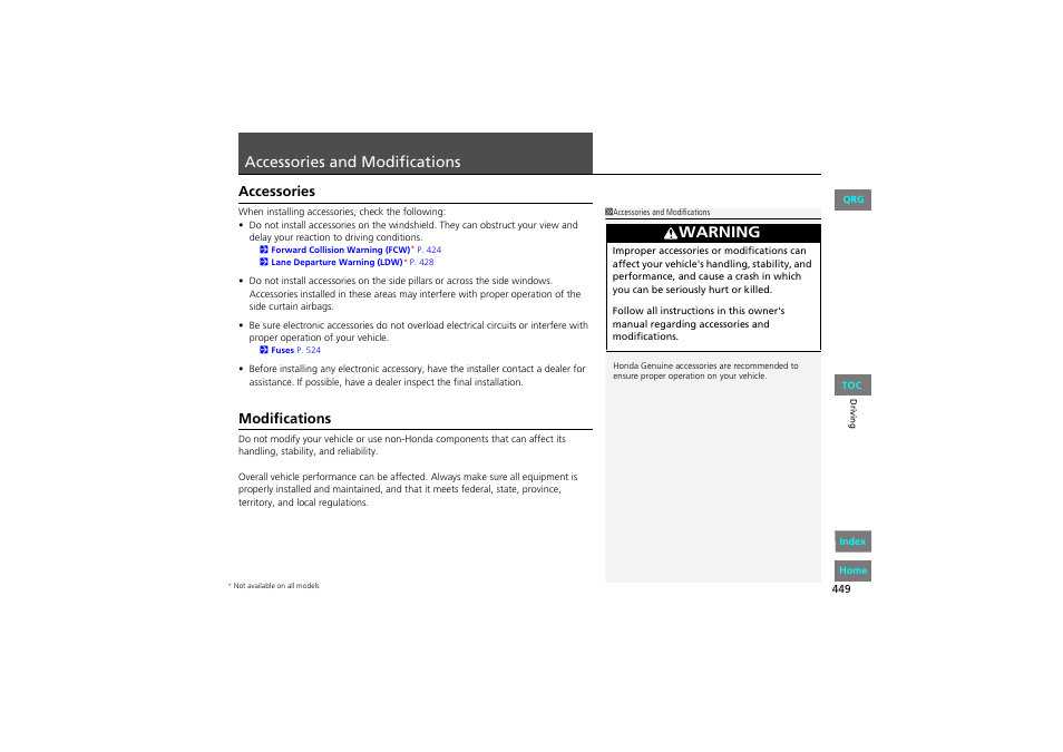 And modifications, P. 449, Accessories and modifications | Warning, Accessories, Modifications | HONDA 2013 Accord Coupe User Manual | Page 450 / 554