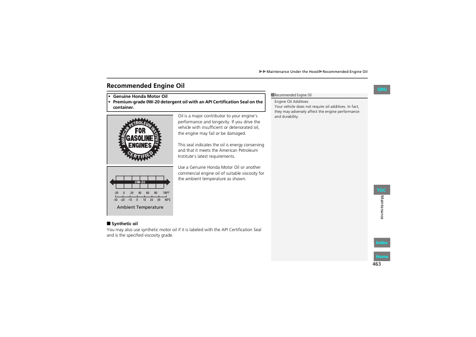 Recommended engine oil | HONDA 2013 Accord Coupe User Manual | Page 464 / 554
