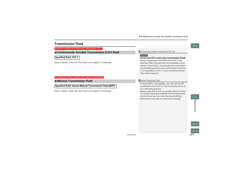 Transmission fluid | HONDA 2013 Accord Coupe User Manual | Page 472 / 554