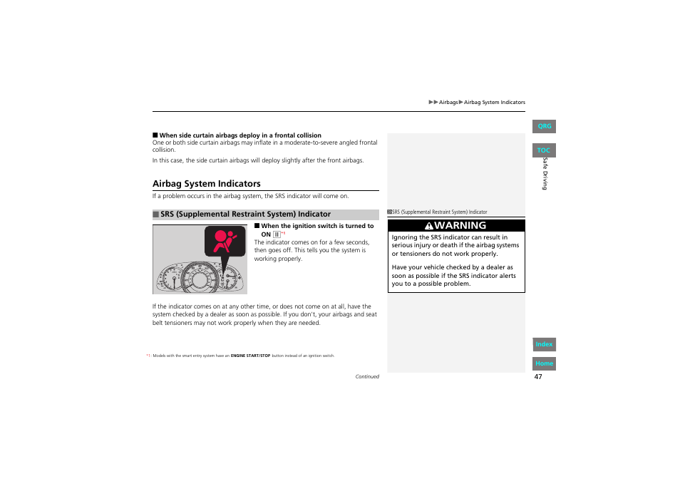 Warning, Airbag system indicators | HONDA 2013 Accord Coupe User Manual | Page 48 / 554