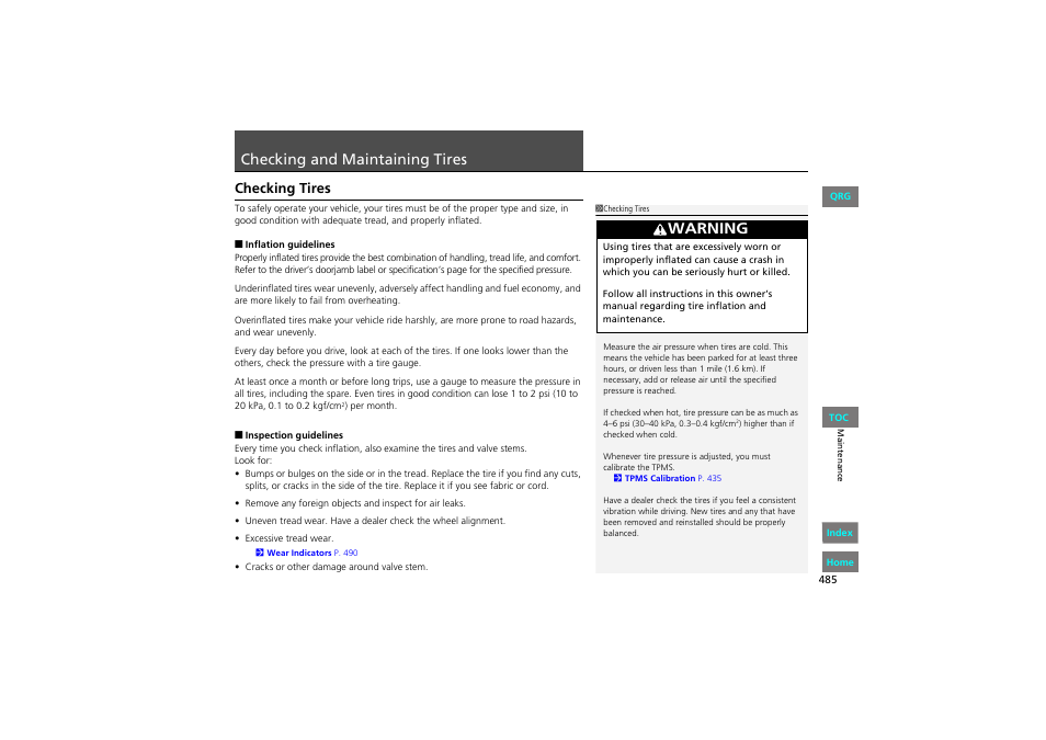 Tires, P. 485, P 485) | Checking and maintaining tires, 2 checking and maintaining tires p. 485, Warning, Checking tires | HONDA 2013 Accord Coupe User Manual | Page 486 / 554