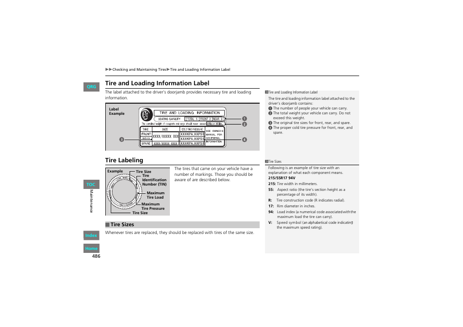 Tire and loading information label, Tire labeling | HONDA 2013 Accord Coupe User Manual | Page 487 / 554