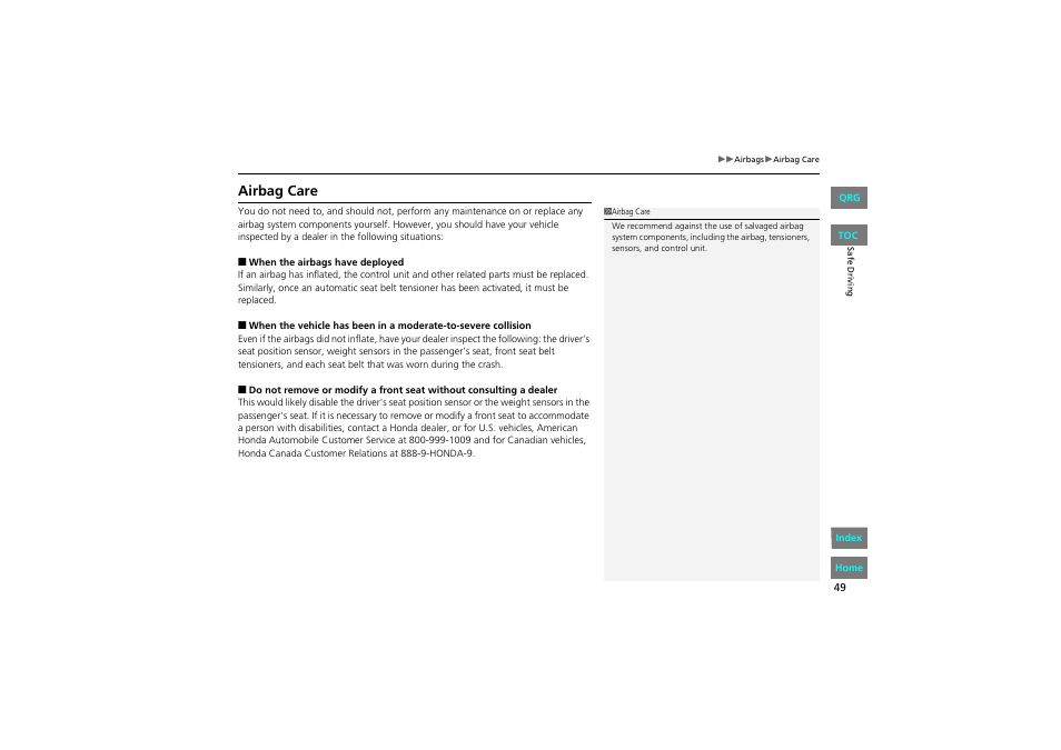 Airbag care | HONDA 2013 Accord Coupe User Manual | Page 50 / 554