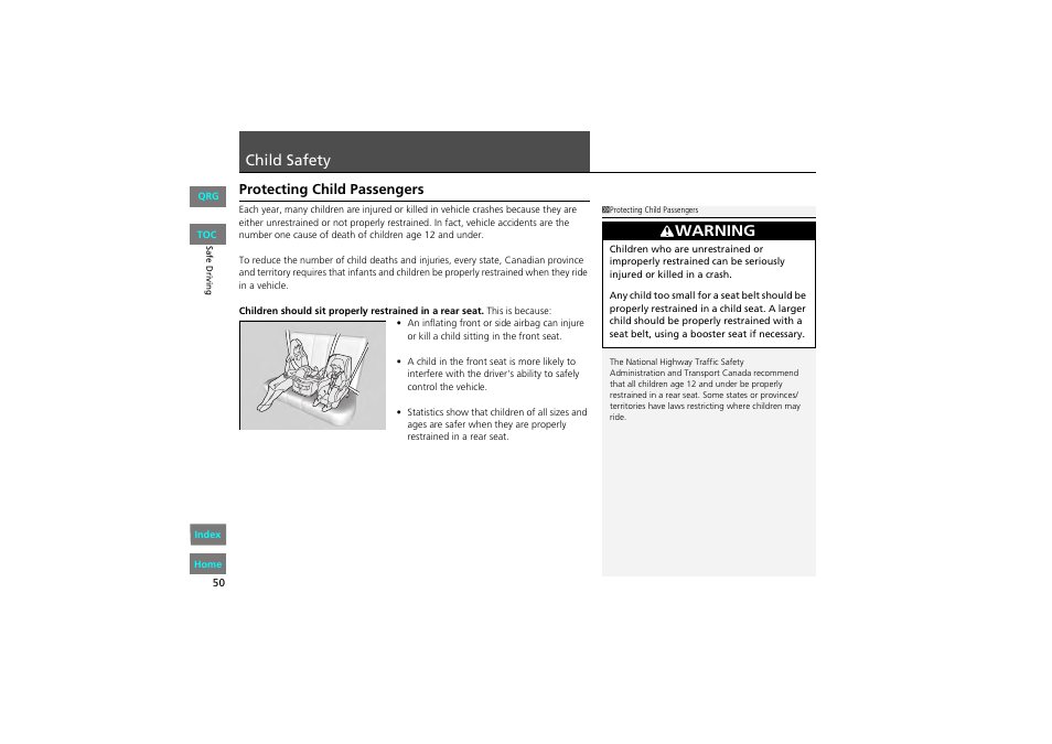 Fety, P. 50, P 50) | Child, Safety, 2 child safety p. 50, Child safety, Warning | HONDA 2013 Accord Coupe User Manual | Page 51 / 554