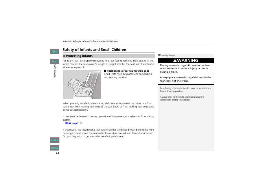 Warning, Safety of infants and small children | HONDA 2013 Accord Coupe User Manual | Page 53 / 554