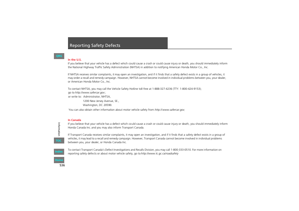 Reporting safety defects | HONDA 2013 Accord Coupe User Manual | Page 537 / 554