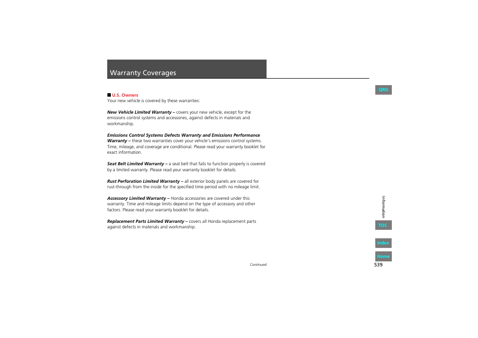 Rages, Warranty coverages | HONDA 2013 Accord Coupe User Manual | Page 540 / 554
