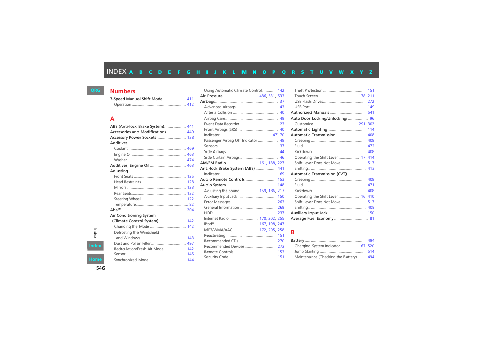 Index, P. 546, Index numbers | HONDA 2013 Accord Coupe User Manual | Page 547 / 554