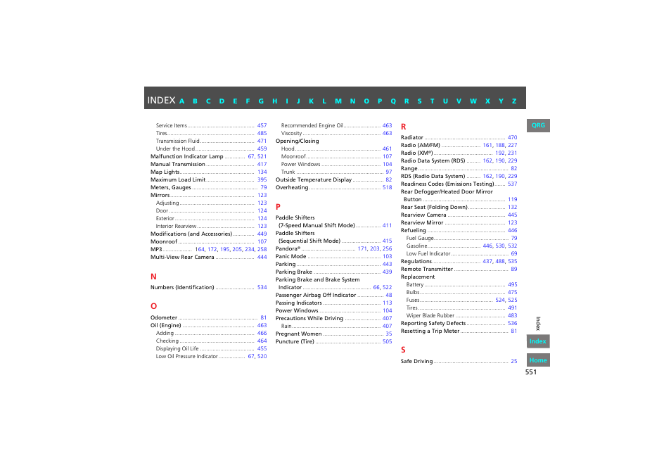 N o p q r s, Index | HONDA 2013 Accord Coupe User Manual | Page 552 / 554