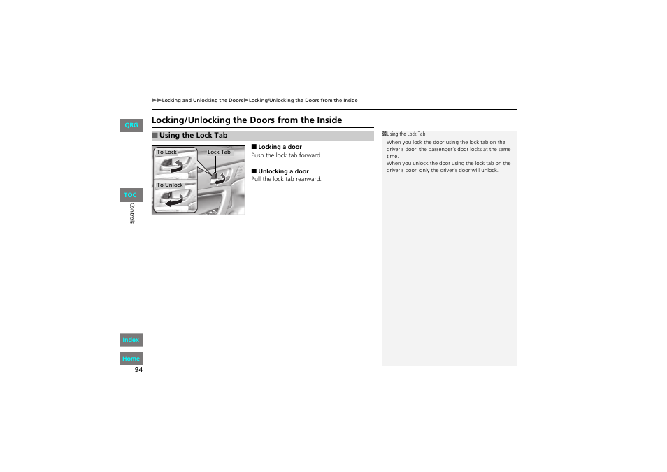 P 94), Locking/unlocking the doors from the inside | HONDA 2013 Accord Coupe User Manual | Page 95 / 554